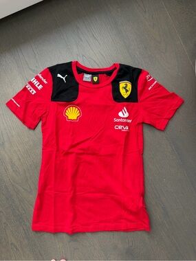 Puma Kids Red Ferrari Logo Racing Tee with Black Shoulder Panels